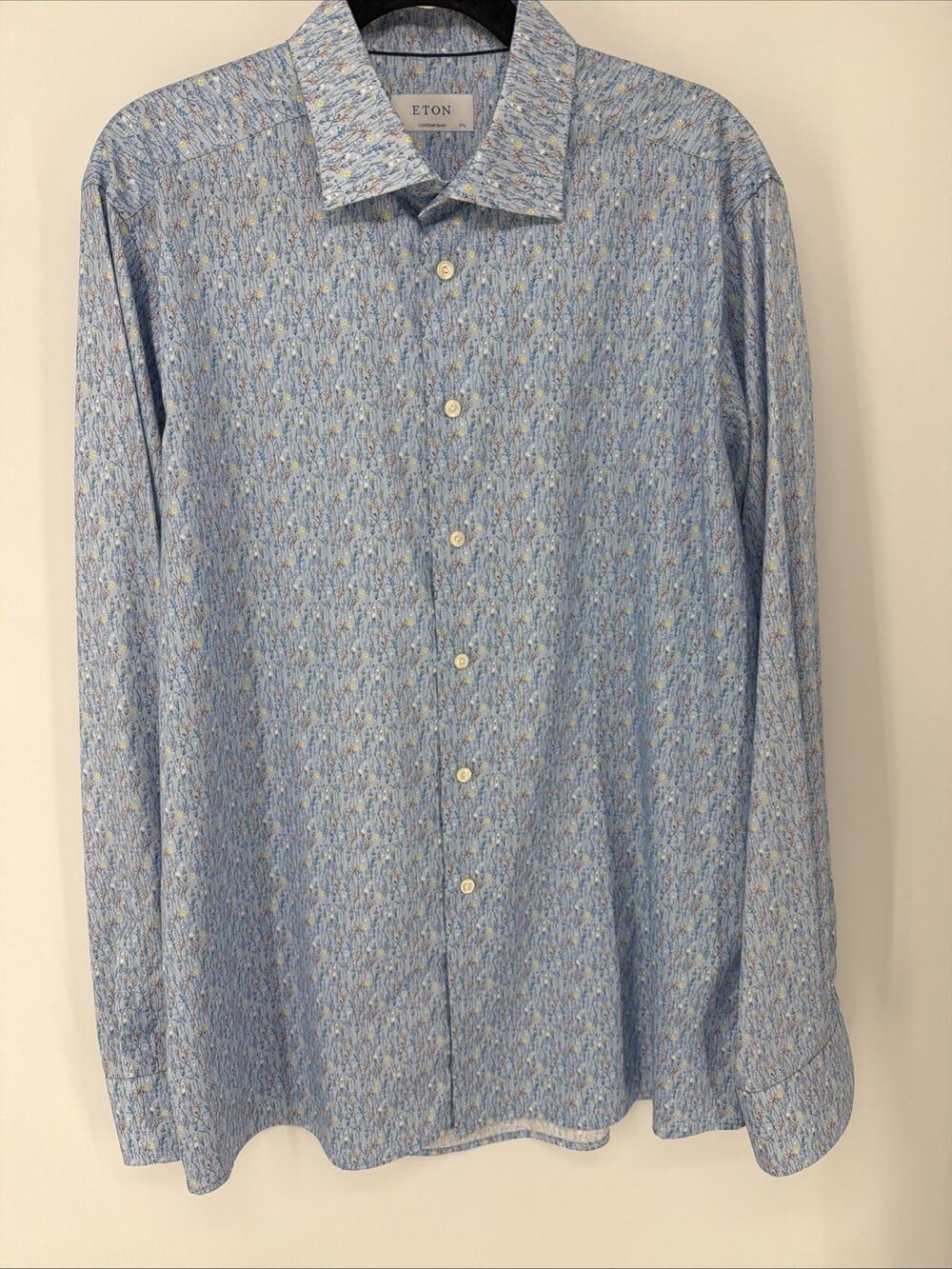 Men ETON Blue St Floral Signature Twill Shirt Contemporary Fit Size 44 17.5 EUC